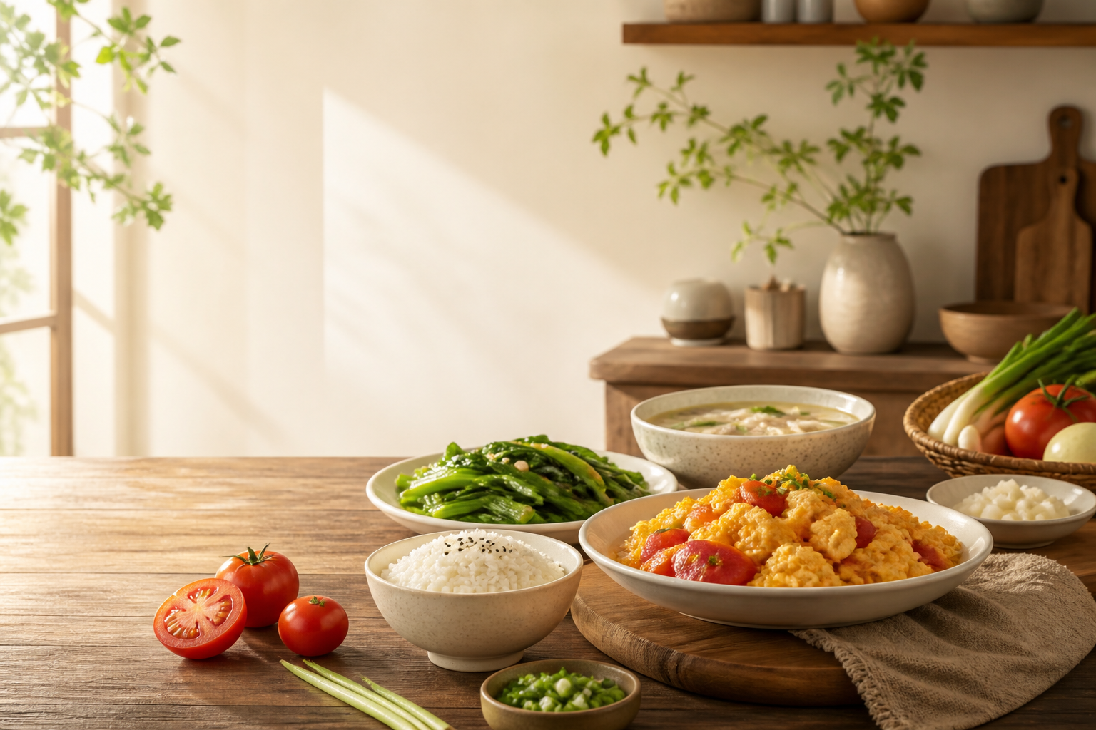 番茄炒蛋、青菜、汤和米饭组成的家常菜桌面